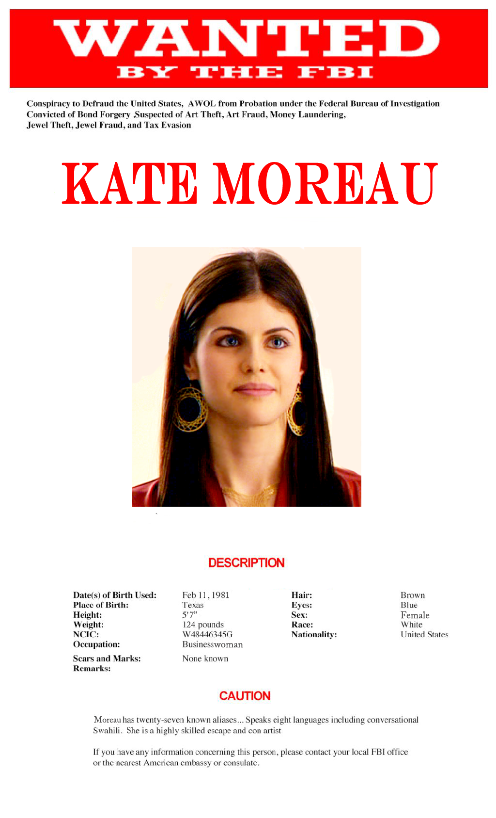 Wanted by the FBI Poster: Kate Moreau